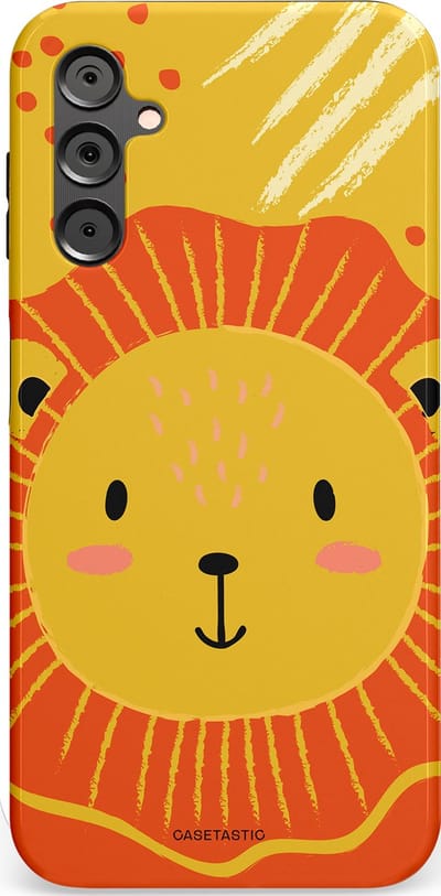 Casetastic hoesje geschikt voor Samsung Galaxy A14 (2023) 5G / Samsung Galaxy A14 (2023) 4G - Dubbellaagse bescherming - Vrolijke leeuw - Fashion Case - Goud Rood Oranje