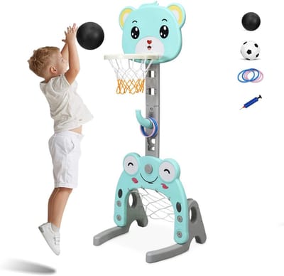 COSTWAY Kinderbasketbalstandaard, in hoogte verstelbaar, 3-in-1 kinderspeelplaats, basketbalkorf, voetbaldoel en werpspel, mand voor binnen en buiten (blauw)