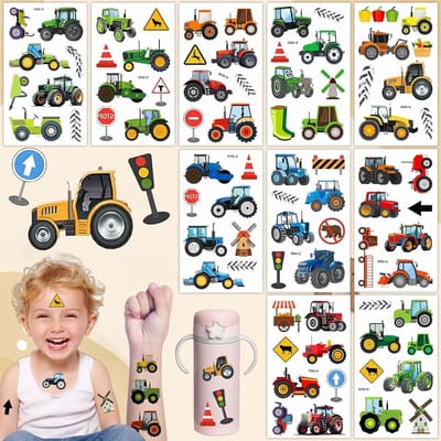 SnelShoppen - 10 Stuks Tractor Tattoo Stickers, Waterproof Verwijderbare Kindertattoo Stickers, Feestelijke Tijdelijke Tattoos, Schattige Tractor Kind