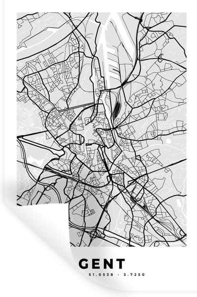 Muurstickers - Sticker Folie - Plattegrond – Gent – Zwart Wit – Stadskaart - Kaart - 20x30 cm - Plakfolie - Muurstickers Kinderkamer - Zelfklevend Behang - Zelfklevend behangpapier - Stickerfolie