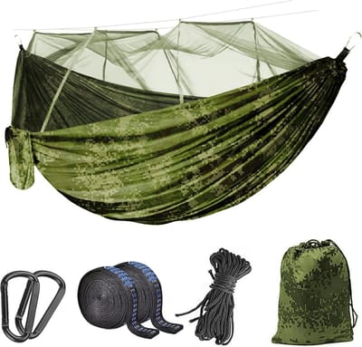 Outdoor hangmat met klamboe voor reiscamping - 260 x 140 cm - ultralicht - muggennet - 2 personen - 300 kg draagkracht - camouflage