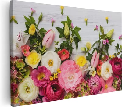Artaza Canvas Schilderij Bloemen Stilleven - 30x20 cm - Klein - Muurdecoratie Boeket - Wanddecoratie Woonkamer - Schilderijen Op Canvas