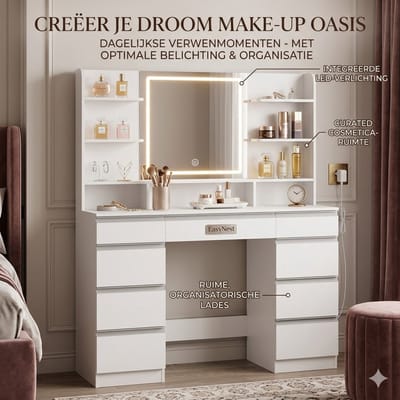 Luxe Kaptafel met LED Spiegel en Opbergruimte – Kaptafel met 9 Laden & Open Planken – Moderne Sieraden Organizer Wit/Goud