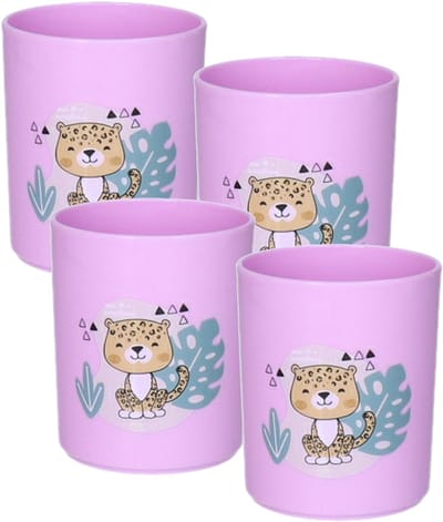 Plasticforte onbreekbare Drinkbekers - 4x - kunststof - 350 ml - paars - luipaard - kinderen - camping - mokken