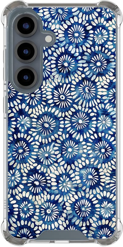 Hoesje (shockproof) geschikt voor Samsung Galaxy S25 - Azure daisies - Extra sterke case - TPU/polycarbonaat - Bloemen - Blauw, Transparant