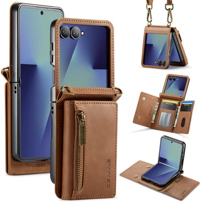 Stravo × DG.MING Veelzijdige leren case hoesje – Geschikt voor Samsung Galaxy Z Flip 7 – Luxe lederen telefoonhoesje met vaste kaarthouder & verstelbare schouderriem – Leer case – Stijlvol & duurzaam – Bruin