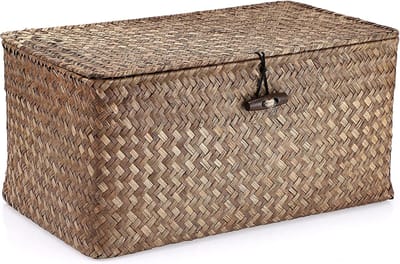 Famanu – Mandje - zeegras - opbergen - vierkant - voor op tafel - geweven - met deksel - voor de badkamer - organizer - voor op de plank of het bureau - decoratief - multifunctioneel