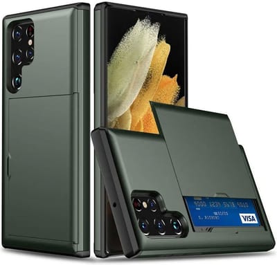 Hoesje met Kaarthouder Slider Geschikt voor Samsung Galaxy S23 Ultra | Pasjeshouder Achterkant | Kaarthouder voor twee á drie pasjes | Groen