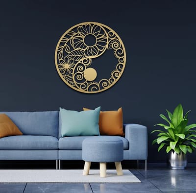 Metalen Wanddecoratie Yin Yang – 3D Wandkunst – Goud – 90 x 90 cm