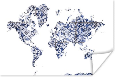 Poster 30x20 cm - Wereldkaart - Delfts Blauw - Wit - Posters - Kamer decoratie - Wanddecoratie woonkamer - Muurdecoratie slaapkamer