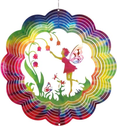 metalen windgong - Rainbow Flower Fairy - licht draaiende windmobiel met schitterende kleuren - inclusief ophanging - sfeervolle kamer-, raam- en tuindecoratie - Ø 30cm