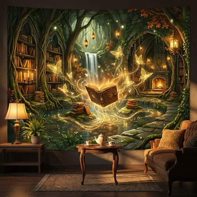 Tapisserie d'une Cabane dans les Arbres Magique Esthétique, Paysage Suspendu d'une Bibliothèque Enchantée dans la Forêt, Coin Lecture Cosy, Style Boho Cottagecore 70x100CM