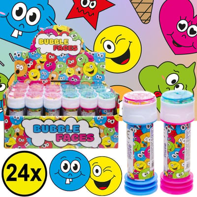 Decopatent 24 STUKS Vrolijke Smiley Bellenblaas - Uitdeelcadeaus - Belleblaas - Traktatie Uitdeelcadeautjes voor kinderen - Grabbelton - School - Kinderfeestje - Klein Speelgoed Trakteren - Grabbelton Traktaties Cadeautjes