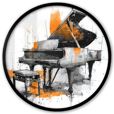 Poster in lijst Rond - Fotolijst 40x40 cm - Posters - Piano - Oranje - Zwart - schets lijnen - Ronde posterlijst zwart - Decoratie - Wanddecoratie woonkamer - Muurdecoratie slaapkamer