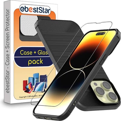 ebestStar - Hoes geschikt voor iPhone 14 Pro Apple, TPU Bescherming Cover, Koolstof Design Hoesje, Zwart + Gehard Glas