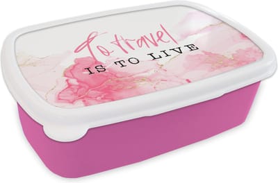 Broodtrommel Roze - Lunchbox - Brooddoos - Spreuken - Quotes - To travel is to live - Marmer - 18x12x6 cm - Kinderen - Meisje