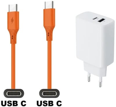 25W super snellader met 2 poorten + 1,0m USB C naar C kabel. Universele PD lader. Oplader adapter past op Samsung Galaxy M21, M30, M40, M54, M55s, M05, F42, M10s, M11, Z, M06, M42, M20, M31s, M32, M32, F05