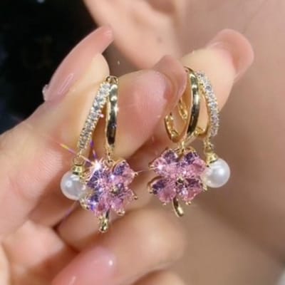 Boucles d'oreilles en germanium Atic Magnétothérapie Pour perte de poids Cristal violet Fleur à quatre feuilles Perle Nouvel accessoire d'oreille de luxe léger brown