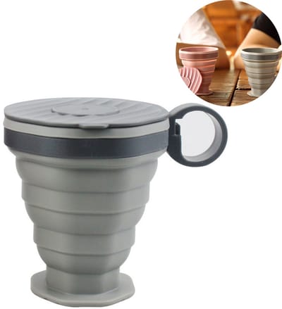 1 x Opvouwbare beker - beker - Siliconen - Reisbeker - Inklapbaar - Drinkbeker - Geschikt voor koffie, thee en water - Inclusief draagriem en deksel - Ideaal voor kamperen en reizen - grijs