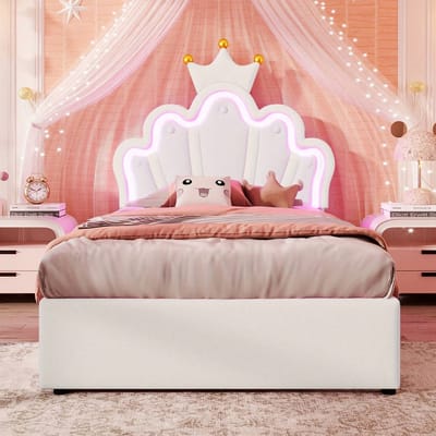 90x200cm Eenpersoonsbed, kroonvormig prinsessenbed, zachte PU-lederen bekleding met LED-lichtstrip, zonder matras