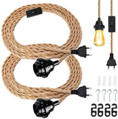 SnelShoppen - Vintage Lamp Fitting Pendant Light Set 2 Stuks - Hennep Touw Hanglamp 4.5m E27 Met Stekker en Schakelaar - DIY Industrieel Voor Bar Balk