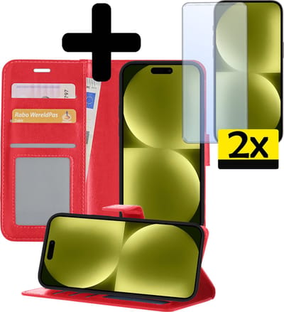 Hoesje - Met 2x Screenprotector - Geschikt voor Apple iPhone 15 - Luxe Pasjeshouder - Bookcase Portemonee - Flip Case - Kunstleer Book Case - Flipcase Hoes - Book Cover - Walletcase - Portemonneehoes - Telefoonhoesjes - Rood