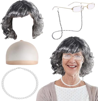 5-delige Kostuumset voor Oudere Dames met Perlenketting, Hoofdband en Pruik voor Feestdagen en Themafeesten