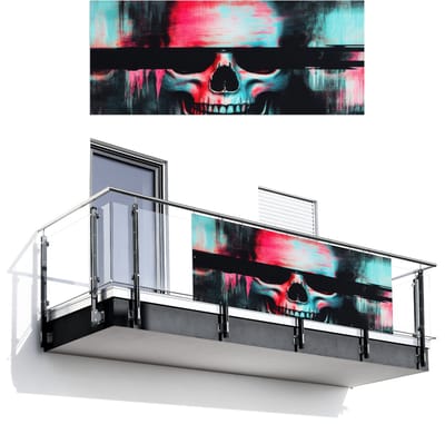 Balkonscherm 300x120 cm - Balkonposter Schedels - Glitch - Cyberpunk - Balkon scherm decoratie - Balkonschermen - Balkondoek zonnescherm