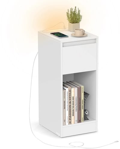 Lily & Lilac Nachtkastje met LED verlichting - met oplaadstation - USB-C - Bijzettafel met opbergruimte & lade - 30x25x59,5 - wit