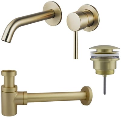 FugaFlow Eccelente Sobrado Badkamer Slim Wastafelkraanset - inbouw wastafelkraan - klikwaste plug - verlaagde design sifon - PVD Geborsteld Messing