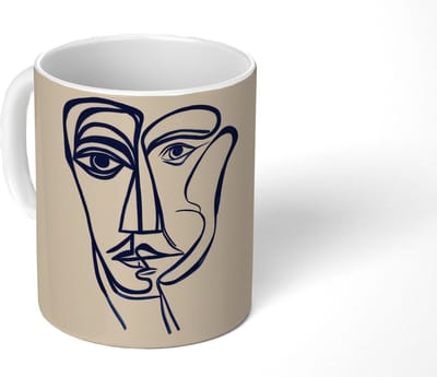 Mok - Koffiemok - Minimalistisch - Lijnillustratie - Beige - Donkerblauw - Mokken - 350 ML - Beker - Koffiemokken - Theemok