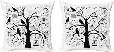 ABAKUHAUS Zwart-witte kussenhoezenset (2 stuks), boom-bloem-vogels, 40 cm, zwart-wit