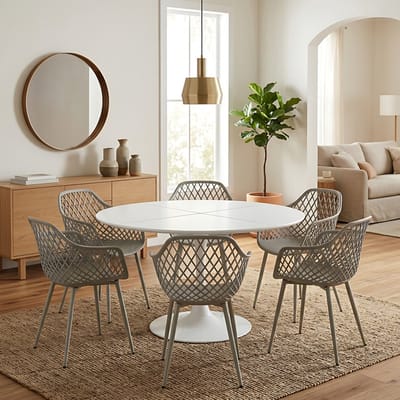 EGGREE eettafel en stoelen set - tafel met een diameter van 120 cm en 6 grijze stoelen - geschikt voor bar - keukeneiland -café en eetkamer.