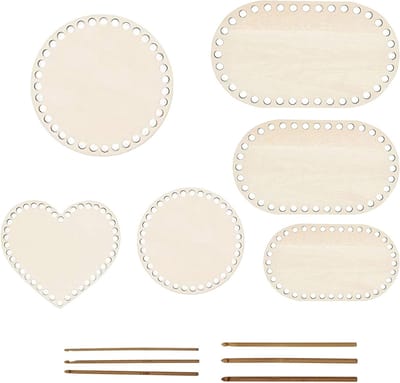 6-delige Houten Vloerset voor Haken, Bodem voor Haakwerk met Haaknaalden, Drie Vormen Mandbodems (Rond/Ovaal/Hartvormig) voor Huisdecoratie en Vlechtwerk