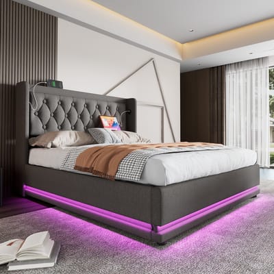 SINGULARITY-Gestoffeerd tweepersoonsbed 140 x 200 cm- grijs- hydraulisch opbergbed- hoofdbord met USB Type-C- 3-zijdige LED- zonder matras