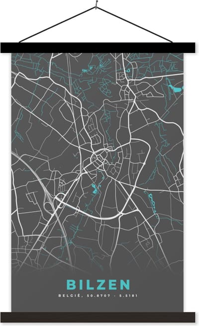 Posterhanger incl. Poster 40x60 cm - Schoolplaat - Kaart – Plattegrond – Stadskaart – Bilzen – België - Grijs - Textielposter - Zwarte latten - Stadskaart