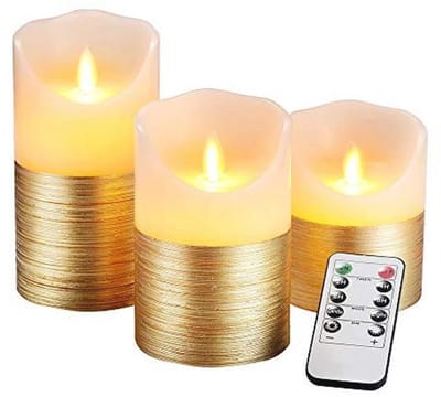 AnnSpa 3 Set Gouden LED Kaarsen Batterij Werkt met 10-Key Afstandsbediening en Fietsen 24 Uur Timer, Vlamloze Echte Wax Flickerende Bewegende Wick Flickering Amber Geel Licht Pillar Kaarsen