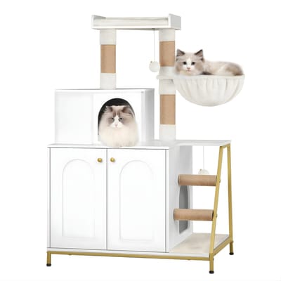 Kattenkrabpaal met Kattenbak Kast – Voor Binnenkatten – 4-in-1 Kattenhuis met Platform, Trap en Speelbal – Modern Design - Wit