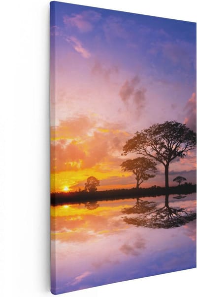 Artaza Canvas Schilderij Boom - 20x30 cm - Klein - Wanddecoratie Zonsondergang - Muurdecoratie Afrika - Kamer Accessoires Bos