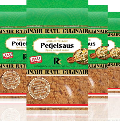 Ratu Culinair | 4 x 400gr Petjelsaus | Ambachtelijk bereid | Pittige pindasaus | glutenvrij | vegetarisch