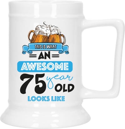 Bellatio Decoration Cadeau Bierpul voor 75 jaar - blauw - grappige leeftijd bierpul - keramiek