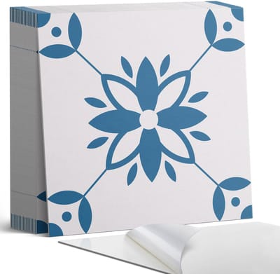 Coloray Plaktegels - Bloemenpatroon met bladeren Zelfklevende Tegels - 20 cm x 20 cm - Blauw Plaktegels - 20 stuks - Vierkant PVC Tegels - Plaktegels Badkamer - Plaktegels Vloer - Vinyltegels Vloer Zelfklevend - Wandtegel Zelfklevend