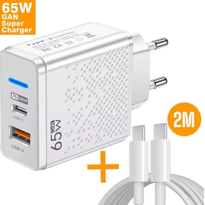 Snellader Usb C Adapter 65W - Incl 100W Usb C kabel - 2M Usb C kabel - GaN Supercharger 65W - Geschikt voor Iphone Samsung - oplader