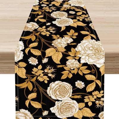 Zwart Gouden Bloemen Bladeren Linnen Tafelkleed Commode Sjaal Tafel Decoratie Herbruikbaar Keuken Eettafelkleed Feestdecoratie 150x33cm