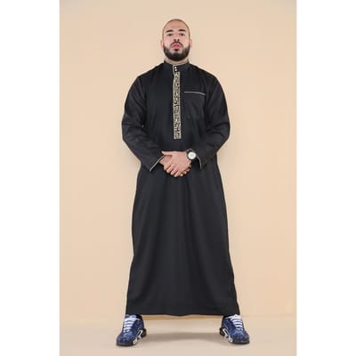 Mens zwarte Thobe Jubba Emirati islamitische Arabische Eid borduurwerk Kaftan Jubbah gewaad