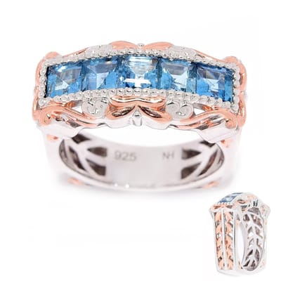 Cavill - Elegante Zilveren Ring 925 Sterling met 5 Princess Geslepen Aquamarijn (1,373 ct) - Blauw Filigraan Design - Dames Sieraad