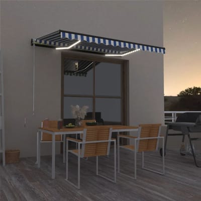 vidaXL - Luifel - handmatig - uittrekbaar - met - LED - 400x300 - cm - blauw - en - wit