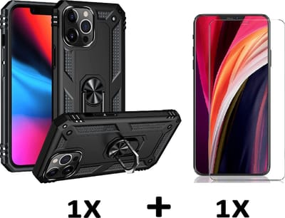 HB Hoesje Geschikt voor Apple iPhone 13 Pro - Zwart / Glazen Screenprotector - Anti-Shock Hybrid Armor Back Cover - Hoes met Kickstand Ring