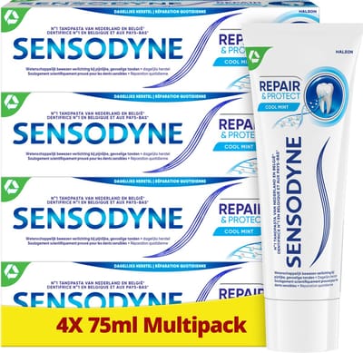 Sensodyne Repair & Protect Cool Mint - Tandpasta - Gevoelige Tanden - Herstelt gevoelige tanden & Verlicht pijnlijke gevoeligheid - Novamin Formule - Bevat Fluoride - Muntsmaak - Voordeelverpakking 4 x 75ml