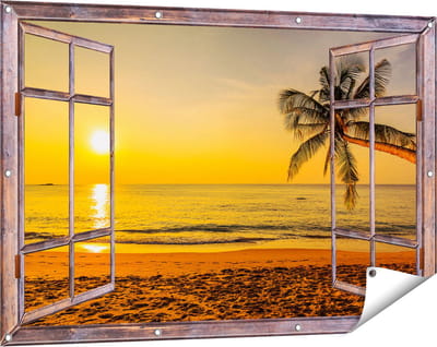 Gards Tuinposter Doorkijk Tropisch Strand tijdens Zonsondergang - 120x80 cm - Tuindoek - Tuindecoratie - Wanddecoratie buiten - Tuinschilderij